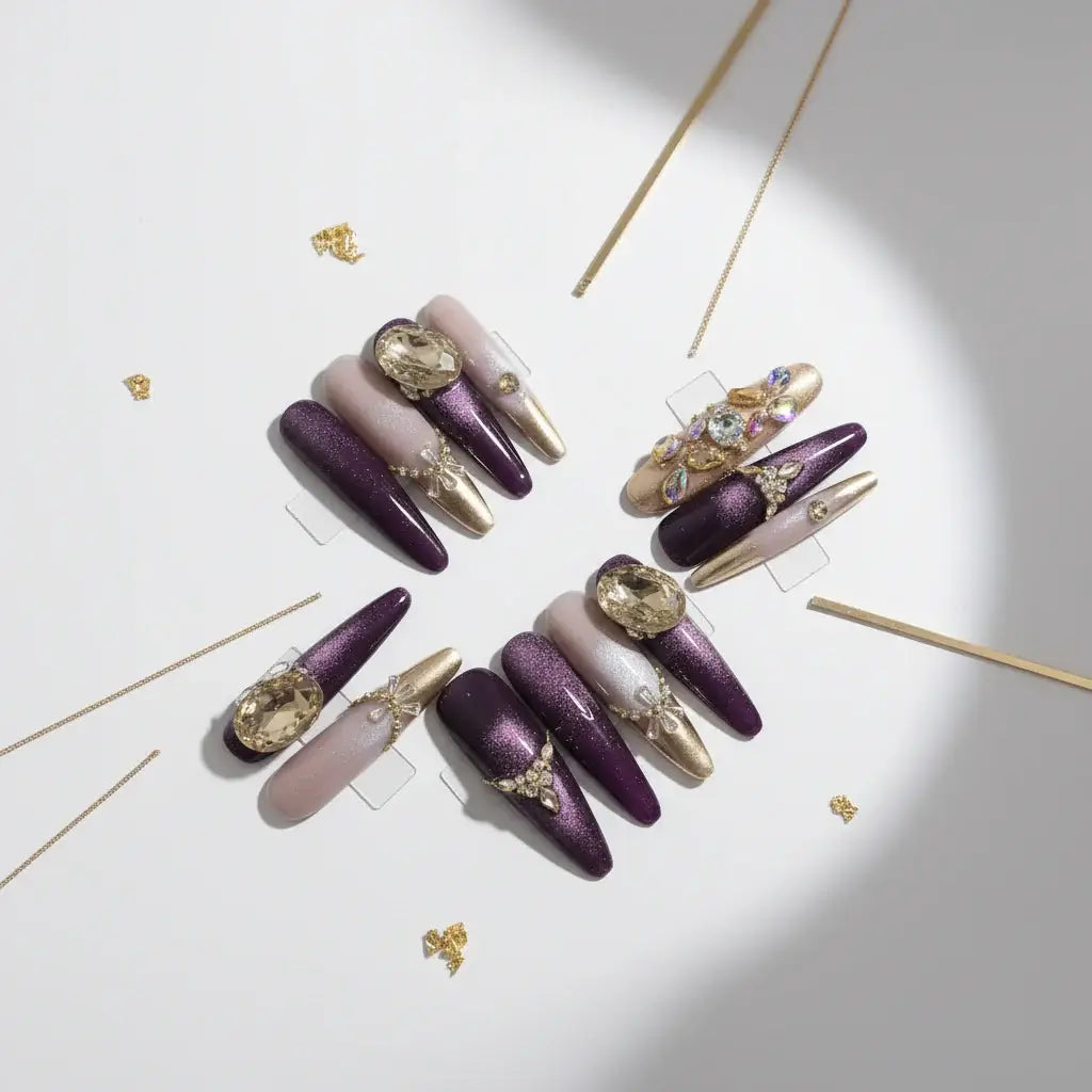 Purple cat eye press on nails luxury shiny