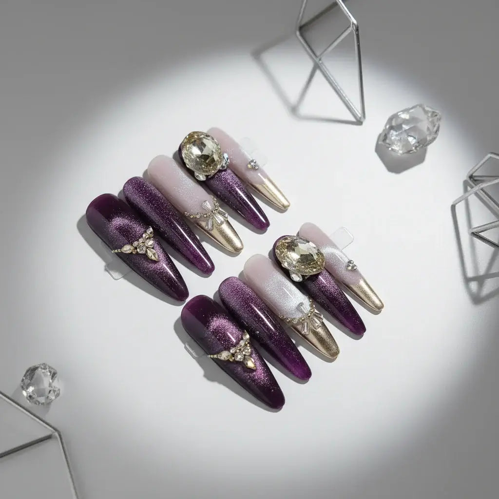 Purple cat eye press on nails luxury shiny
