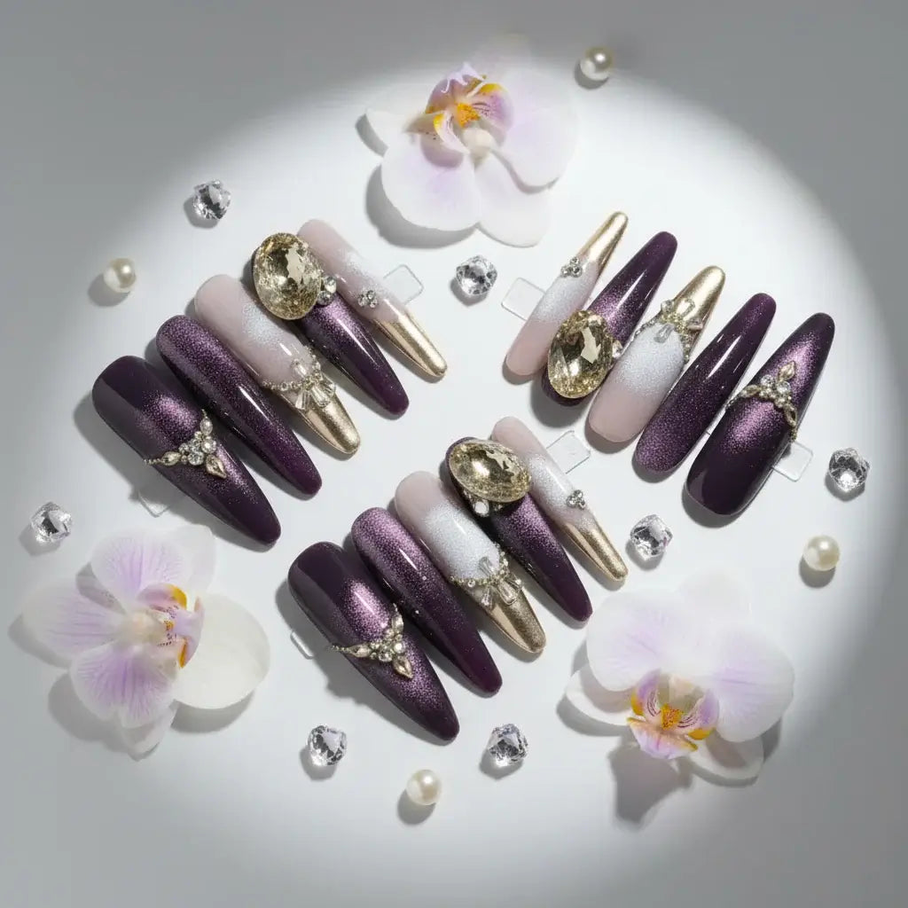Purple cat eye press on nails luxury shiny