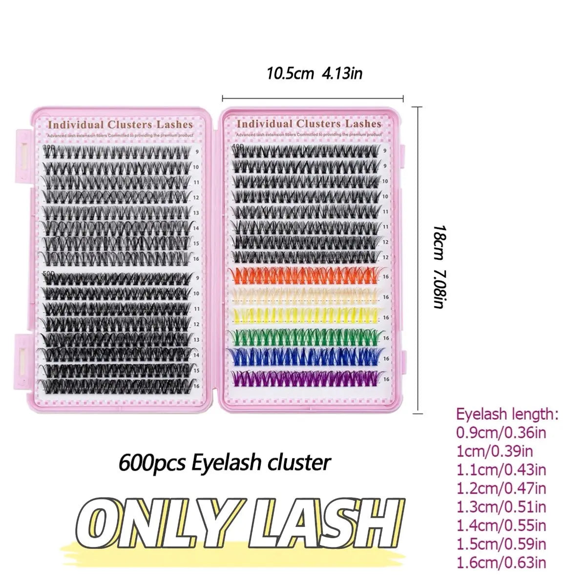 600pcs Colorful Lashes Cluster Eyelash Extensions Book | 9-16mm Mix DIY Lash Kit