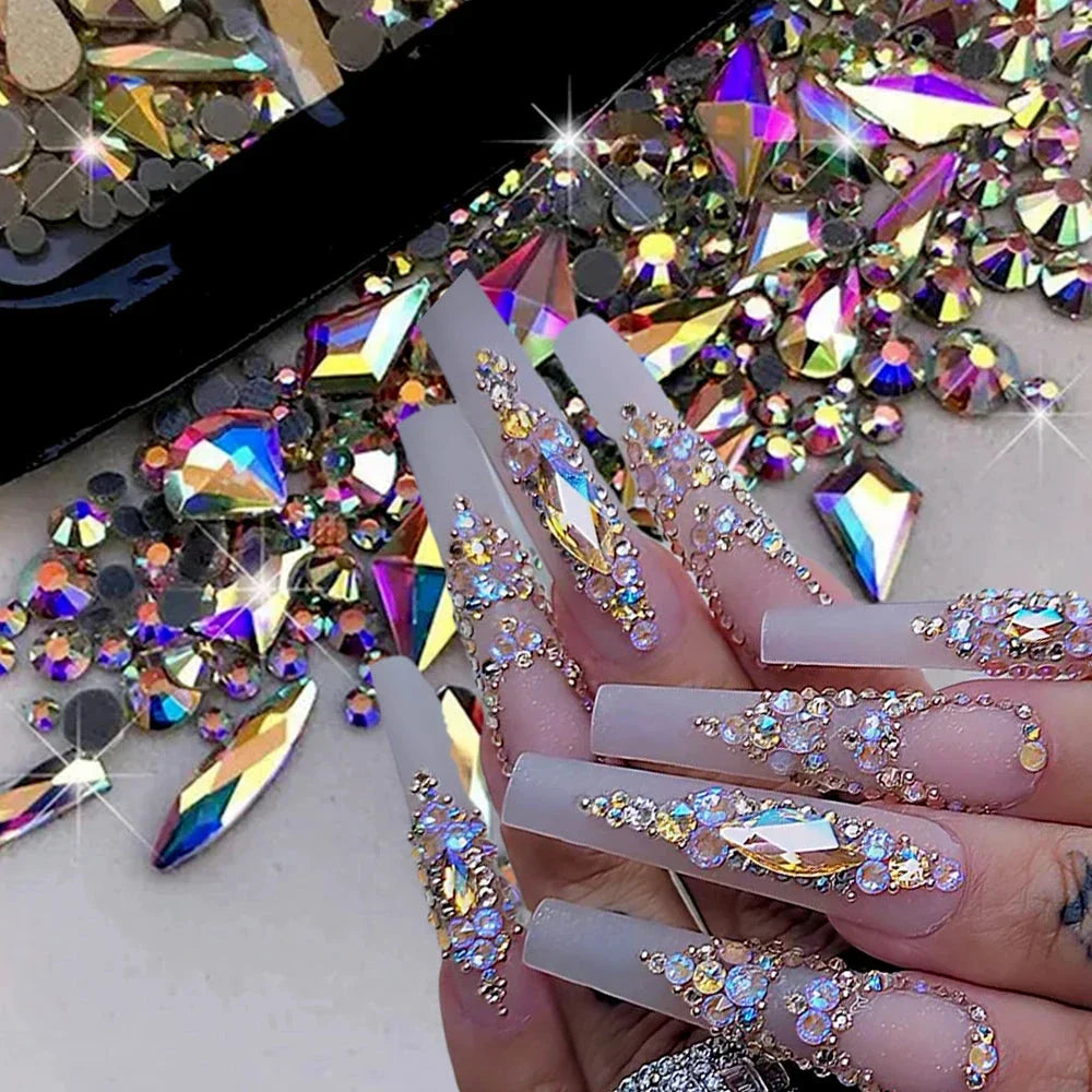 180pcs AB Flatback Glass Nail Rhinestones - Multi-Shape Gems for DIY Nail Art