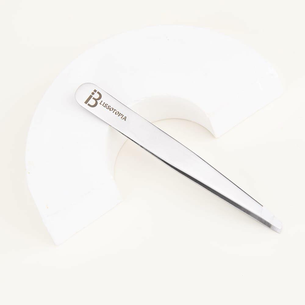 BLISSOTOPIA 2-in-1 Eyelash Curler and Tweezer Set Silver Travel Friendly