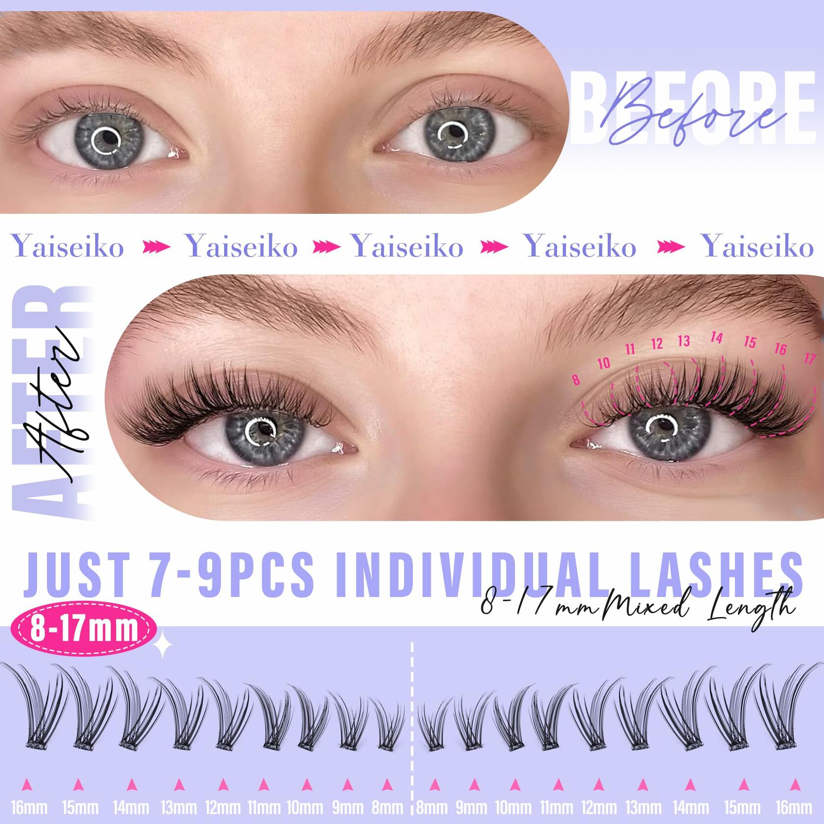 Yaiseiko Self Adhesive Lash Clusters Wispy C Curl 8-17MM 180Pcs